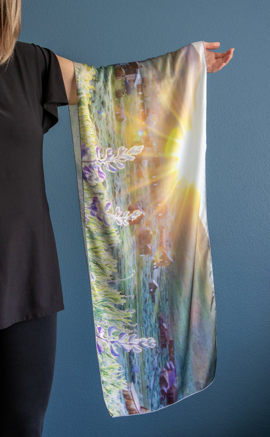 Bodie Ghost Town at Sunset with Purple Lupines Long Scarf